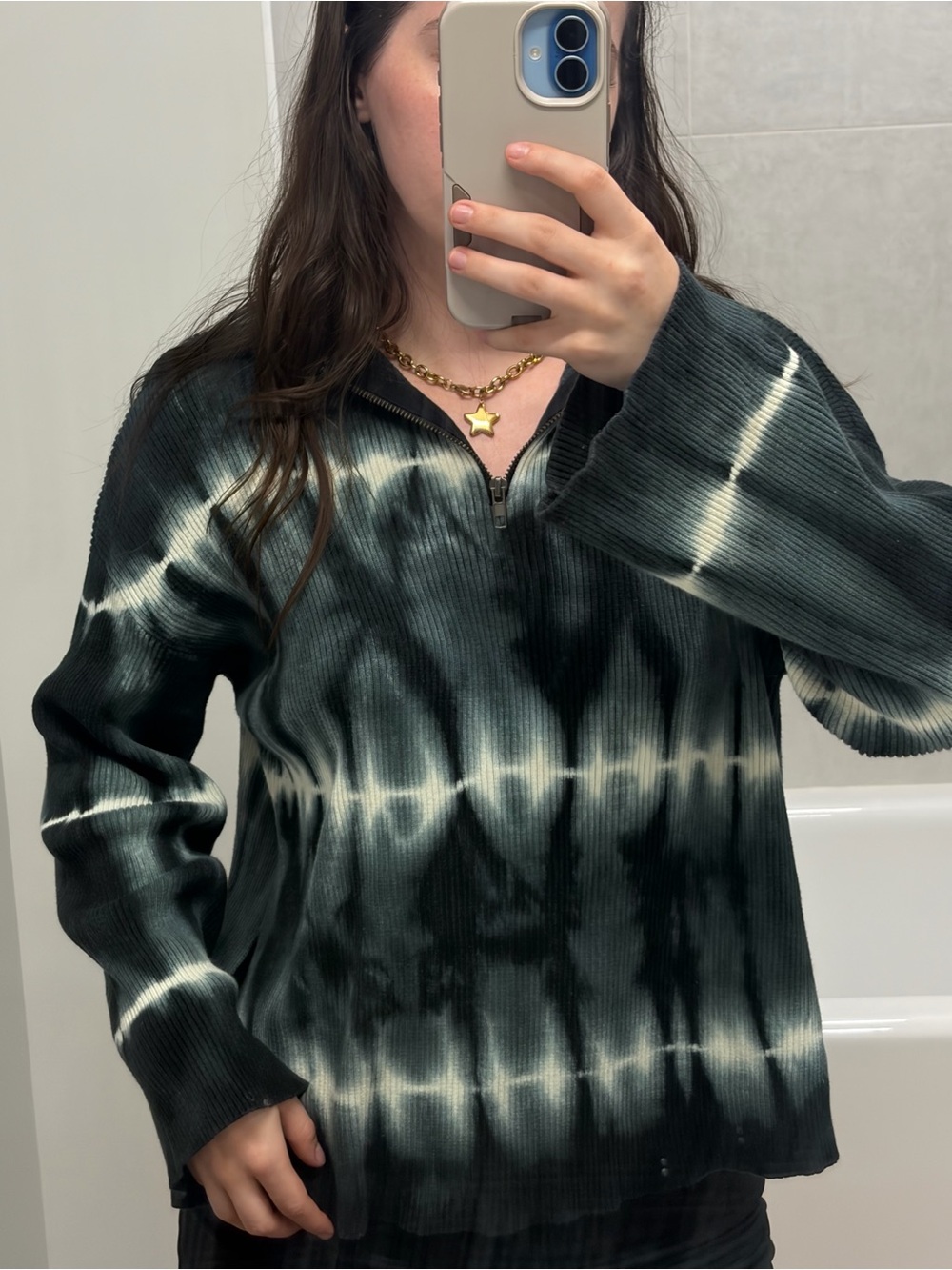 One Teaspoon Black and Cream Tie-Dye Ribbed Half-Zip Sweater